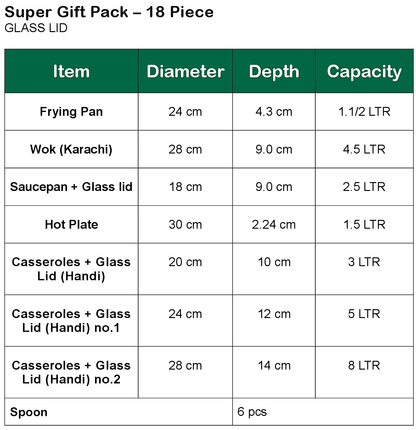 Super Gift Pack- GLASS LID - Non-Stick set 18-Piece