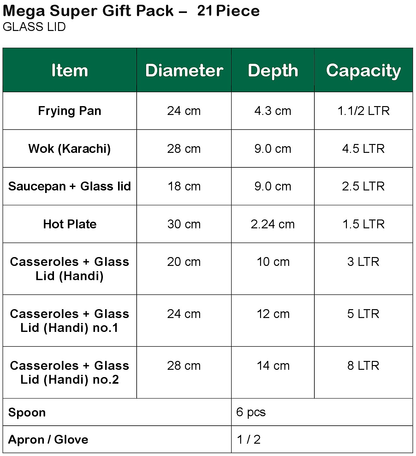 Mega Super Gift Pack- GLASS LID - Non-Stick set 21-Piece